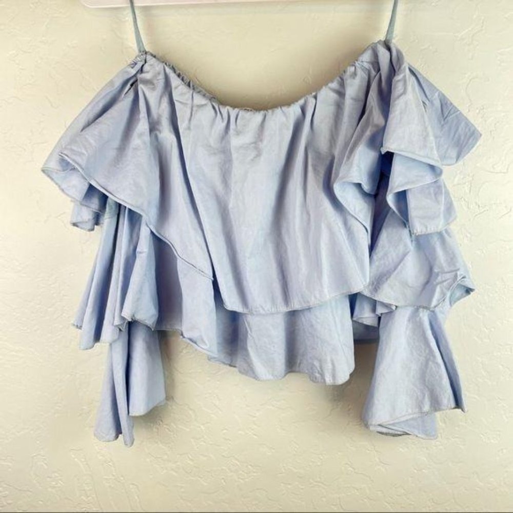 La Garconne‎ Moderne Tiered Ruffle Off-The-Shoulder Blouse Light Blue Layered